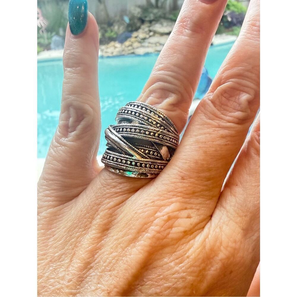Wide Cable Textured Statement Ring Silver Tone Designer Inspired Size 7, 6, 5